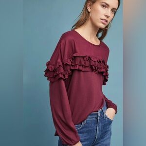 Anthropologie Seen Worn Kept Dark Red Ruffle Long Sleeve Blouse size US 2